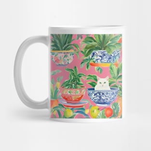 Kitty in a chinoiserie bowl on pink Mug